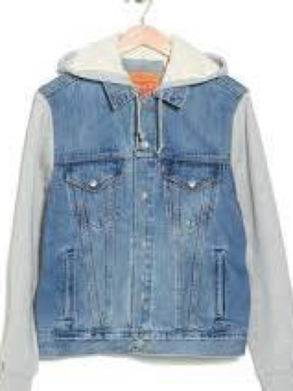 Mens vintage fit Denim Trucker Jacket with Gray Hoodie Sleeves